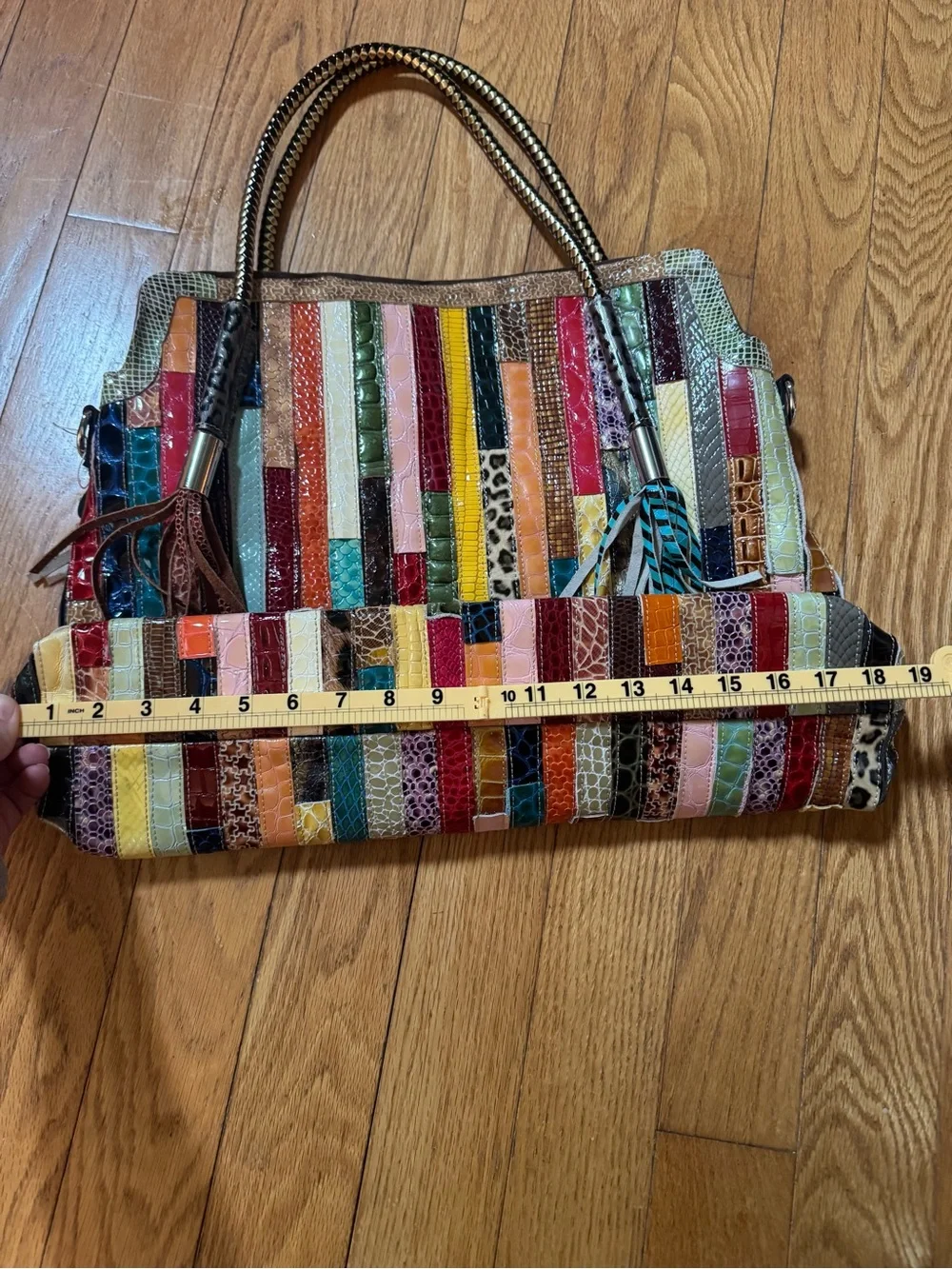 Multicolor Patchwork Faux Exotic Embossed Tote Shoulder Bag Boho Unique Eclectic